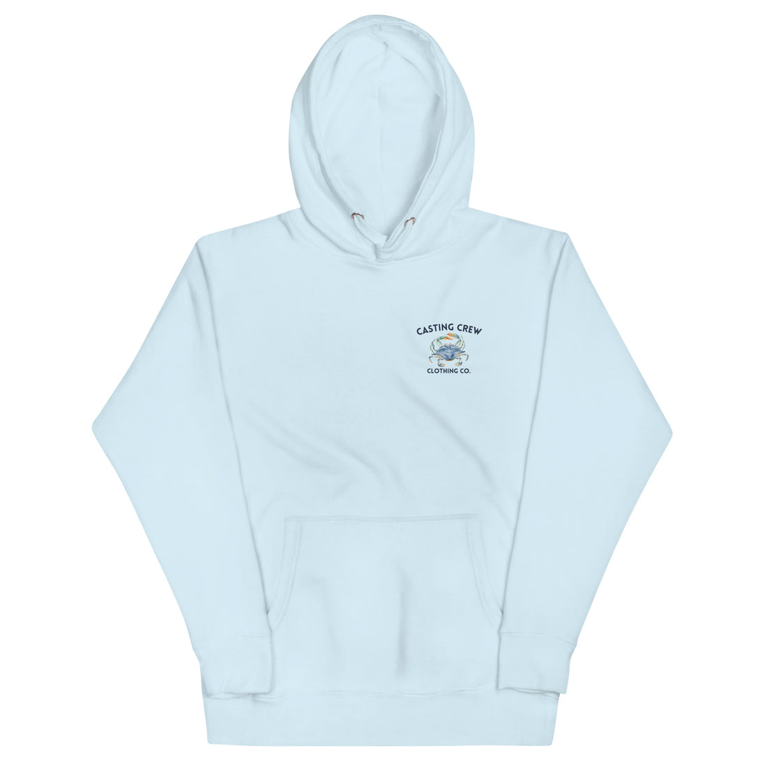 Blue Camo Crab fishing hoodie, On the fishing pier, back view