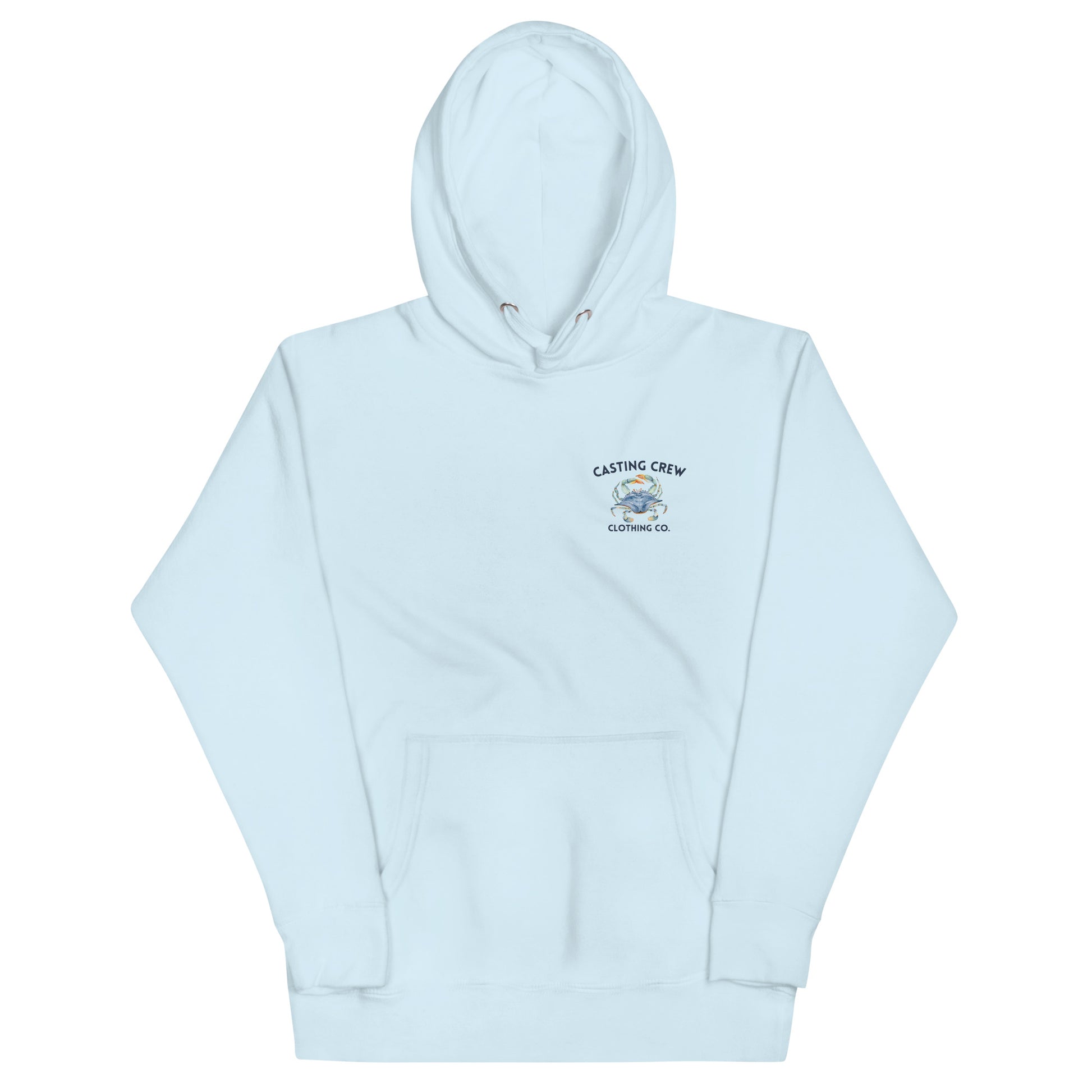 Blue Camo Crab fishing hoodie, Front view