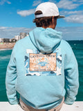 Blue Camo Crab fishing hoodie, On the fishing pier, back view