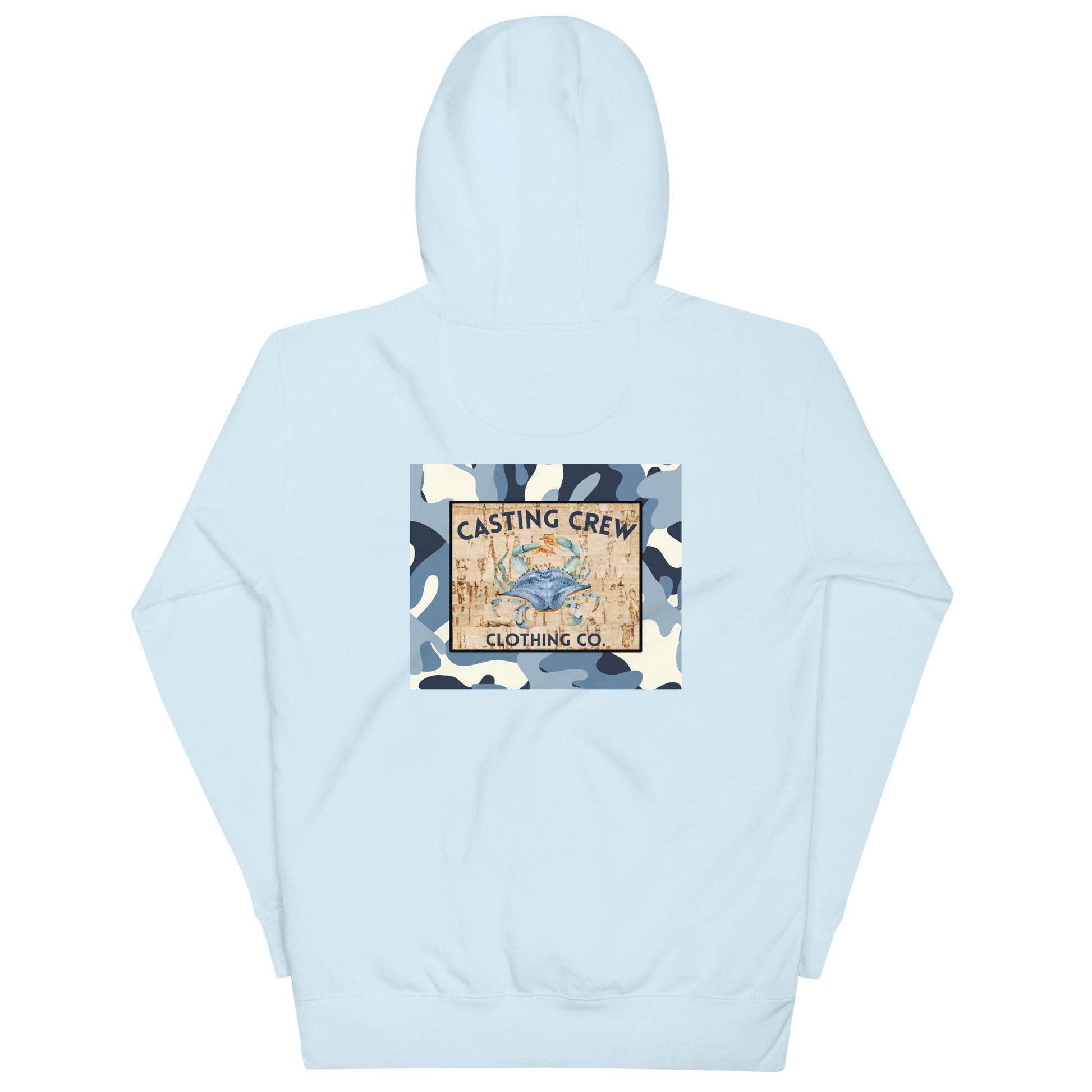 Blue Camo Crab fishing hoodie, back view