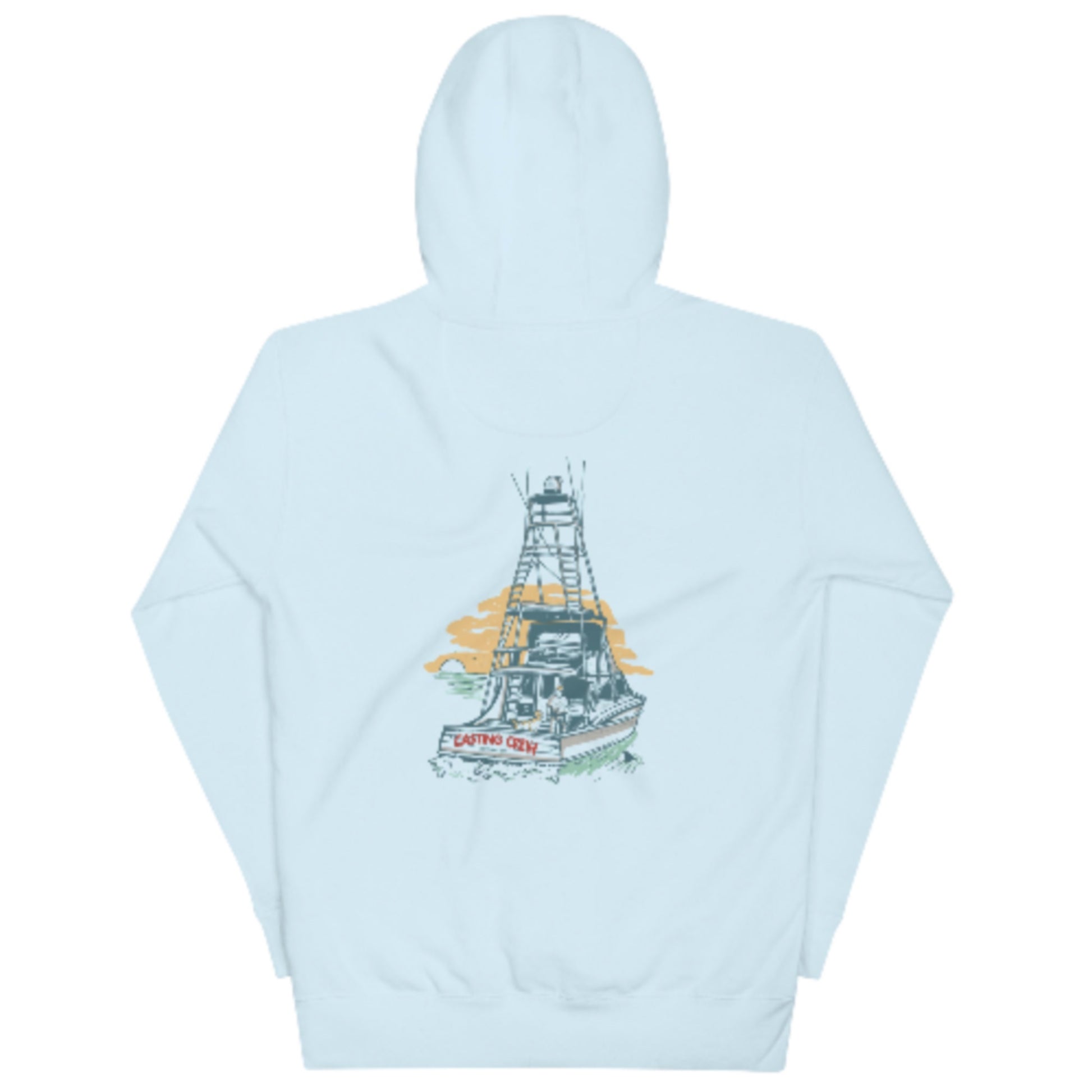 Blue boat day fishing hoodie, Back view