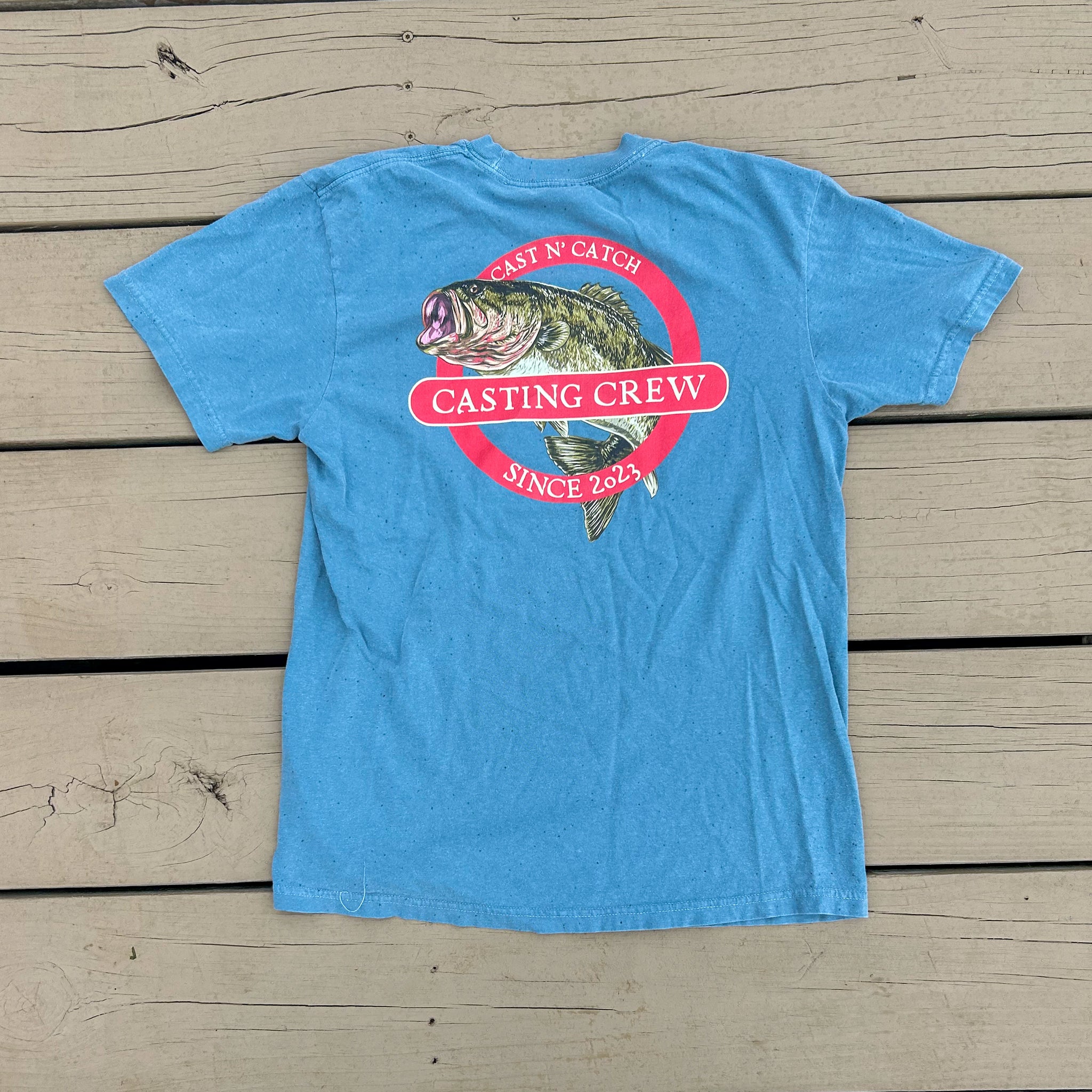 Casting Crew Blue Cast N' Catch Bass Fishing Shirt, Dock back view