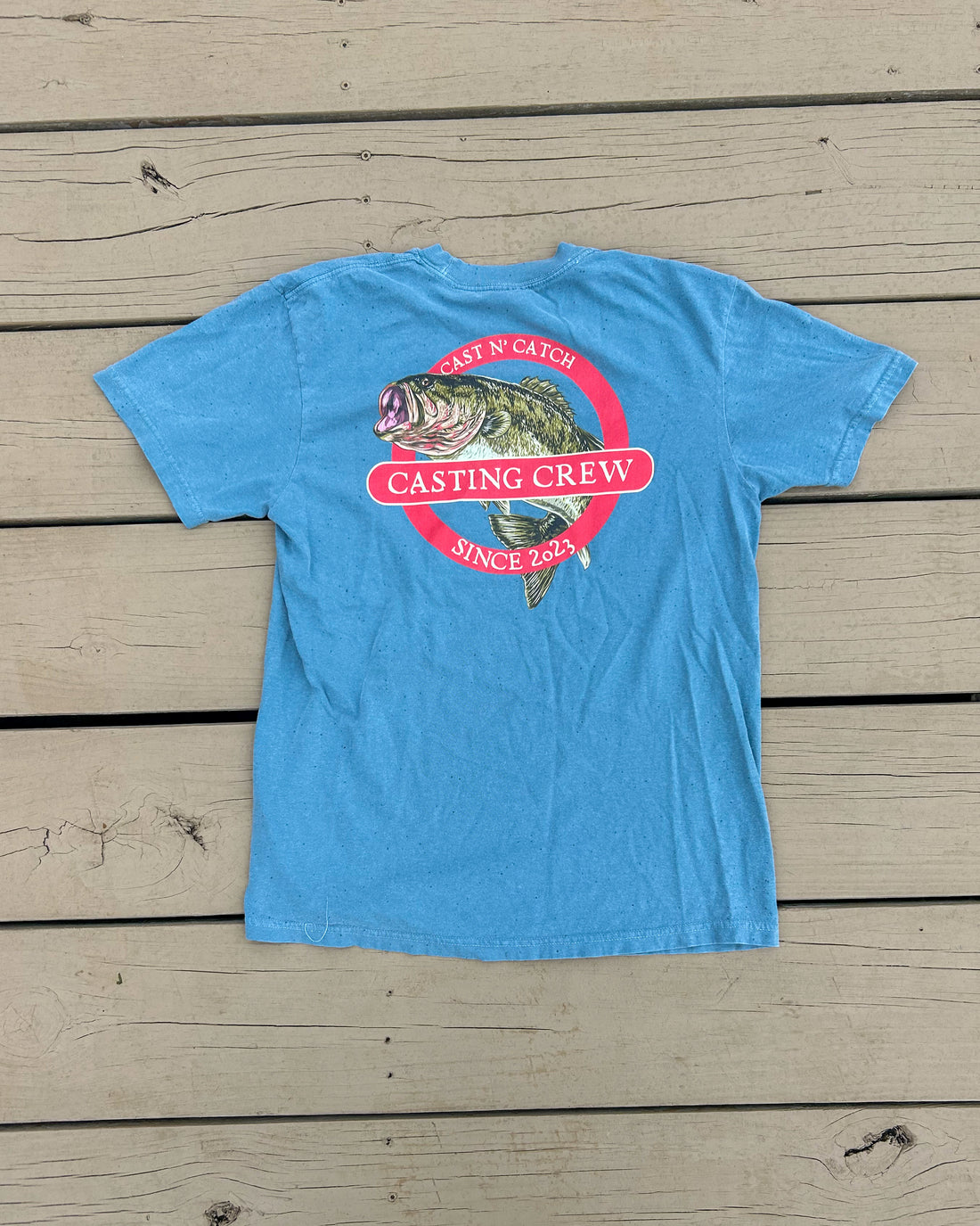 Casting Crew Blue Cast N' Catch Bass Fishing Shirt, Dock back view