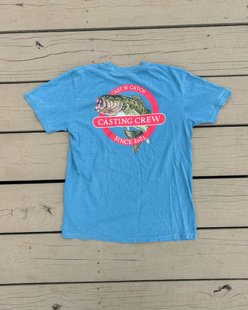 Casting Crew Blue Cast N' Catch Bass Fishing Shirt, Dock back view