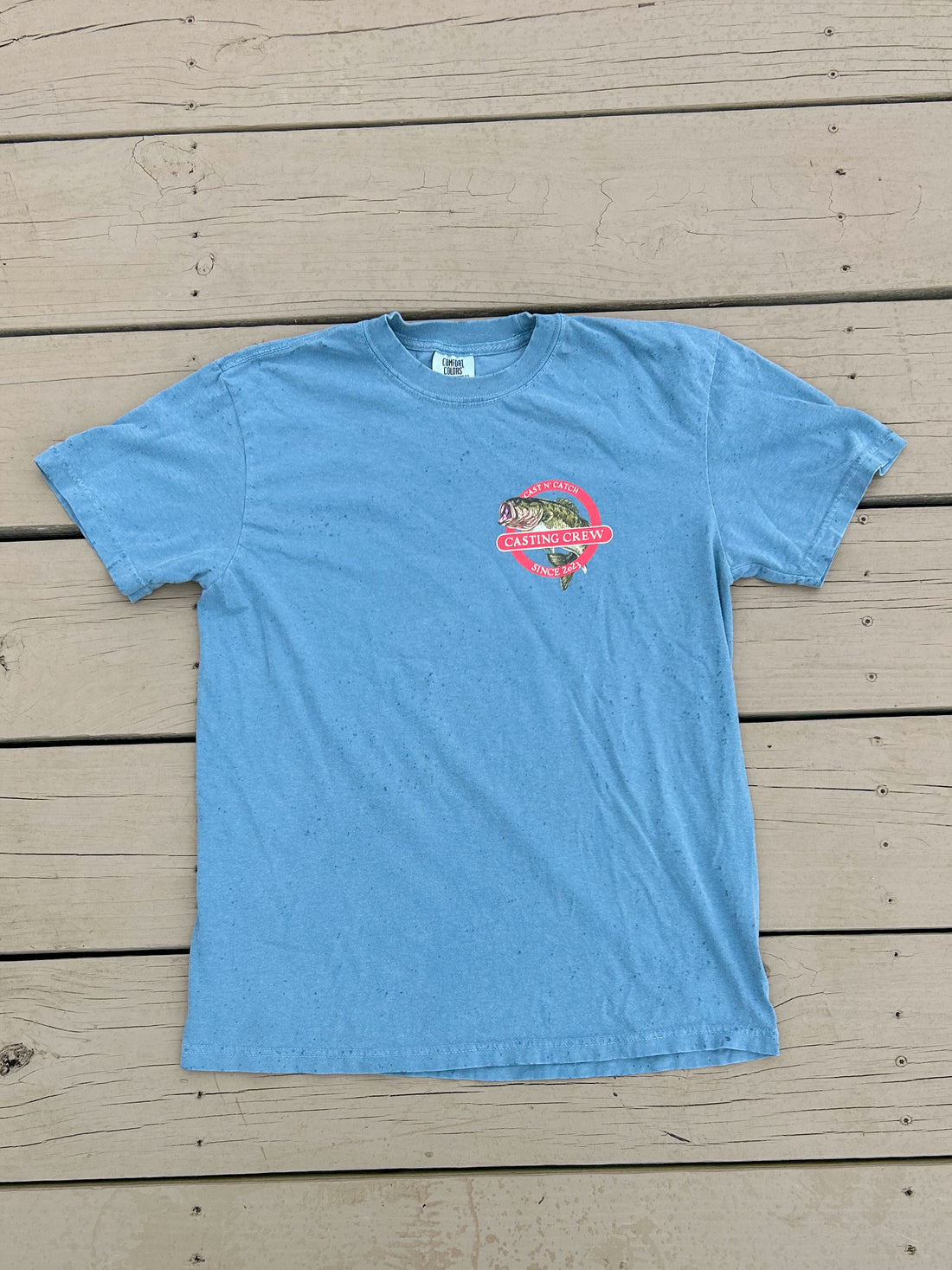 Casting Crew Blue Cast N' Catch Bass Fishing Shirt, Dock back view