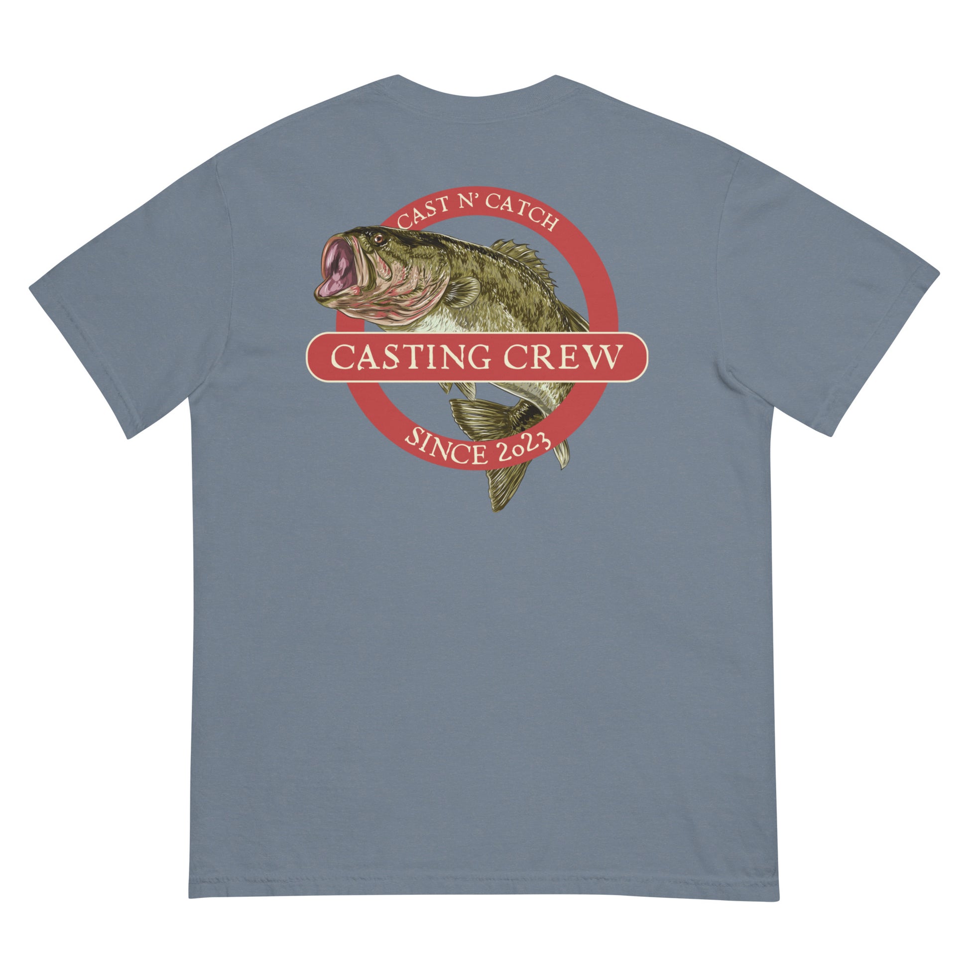 Casting Crew Blue Jean Cast N' Catch Bass Fishing Shirt, Back view
