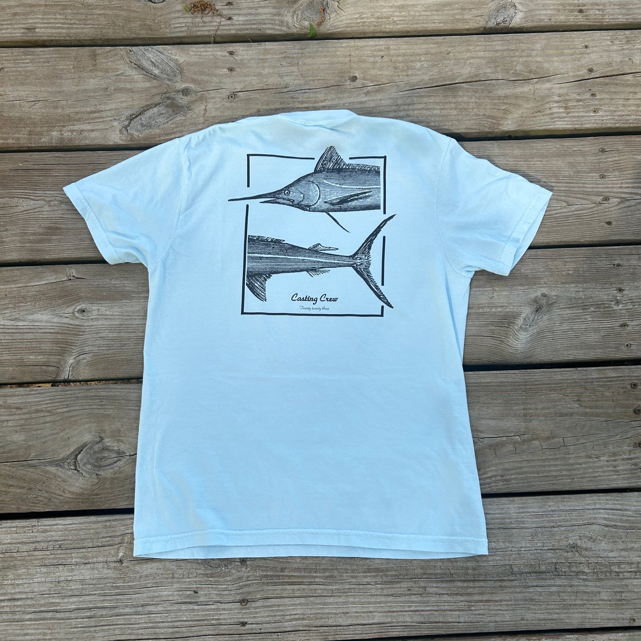 Casting Crew Blue Marlin Fishing Shirt, Dock back view