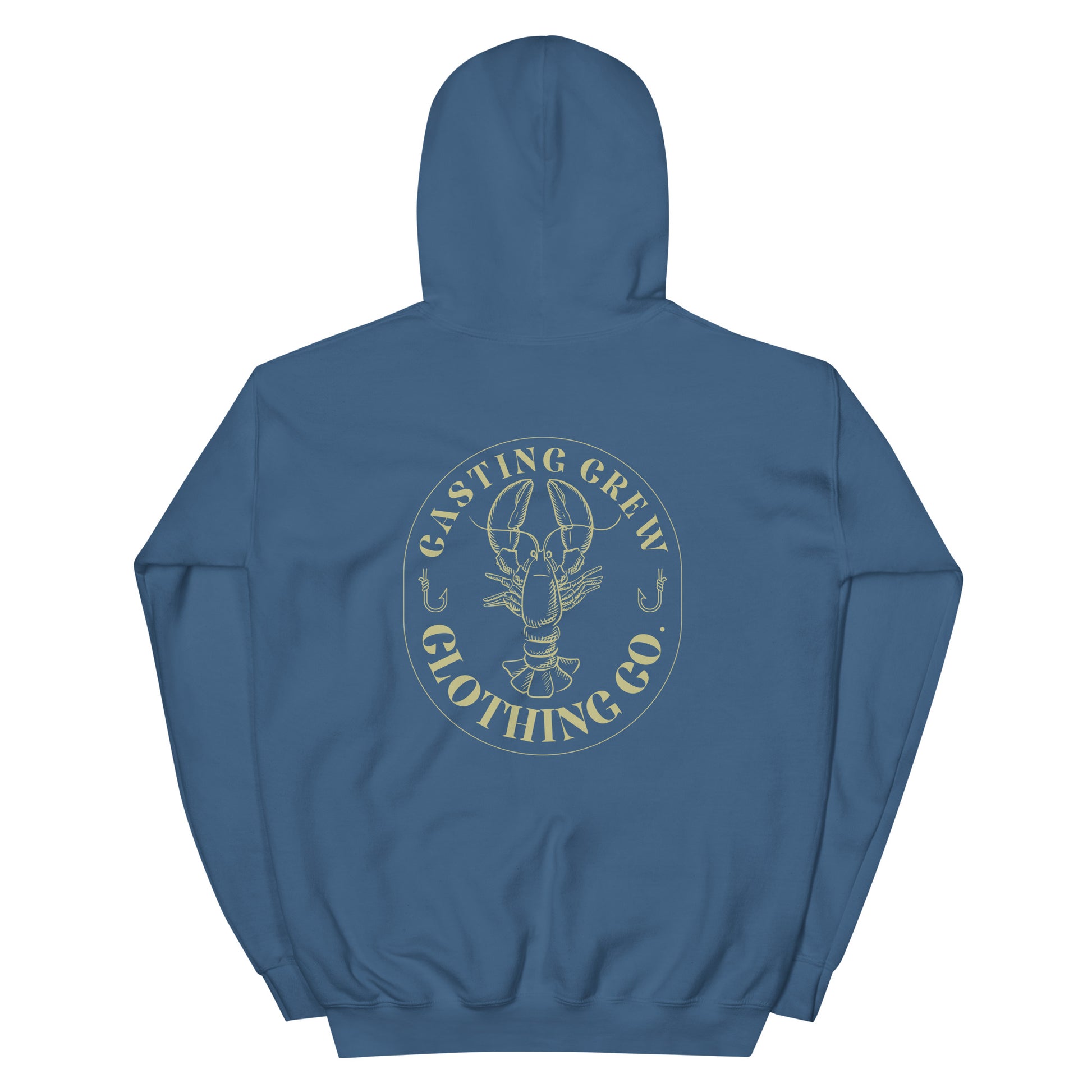 Casting Crew Indigo Blue Lobster Hunter Fishing Hoodie, Back View