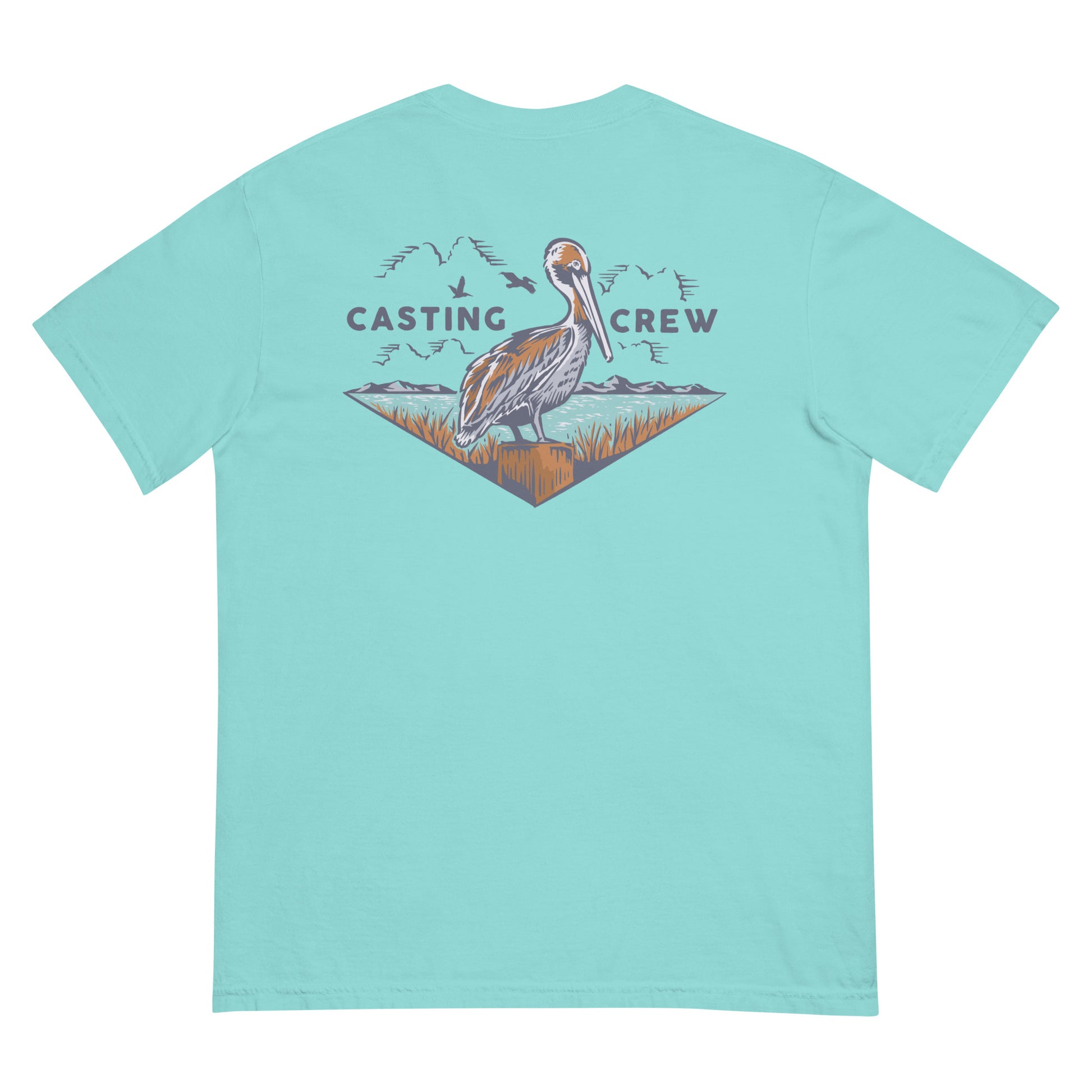Casting Crew Lagoon Blue Pelican Perch Fishing Shirt, Back View