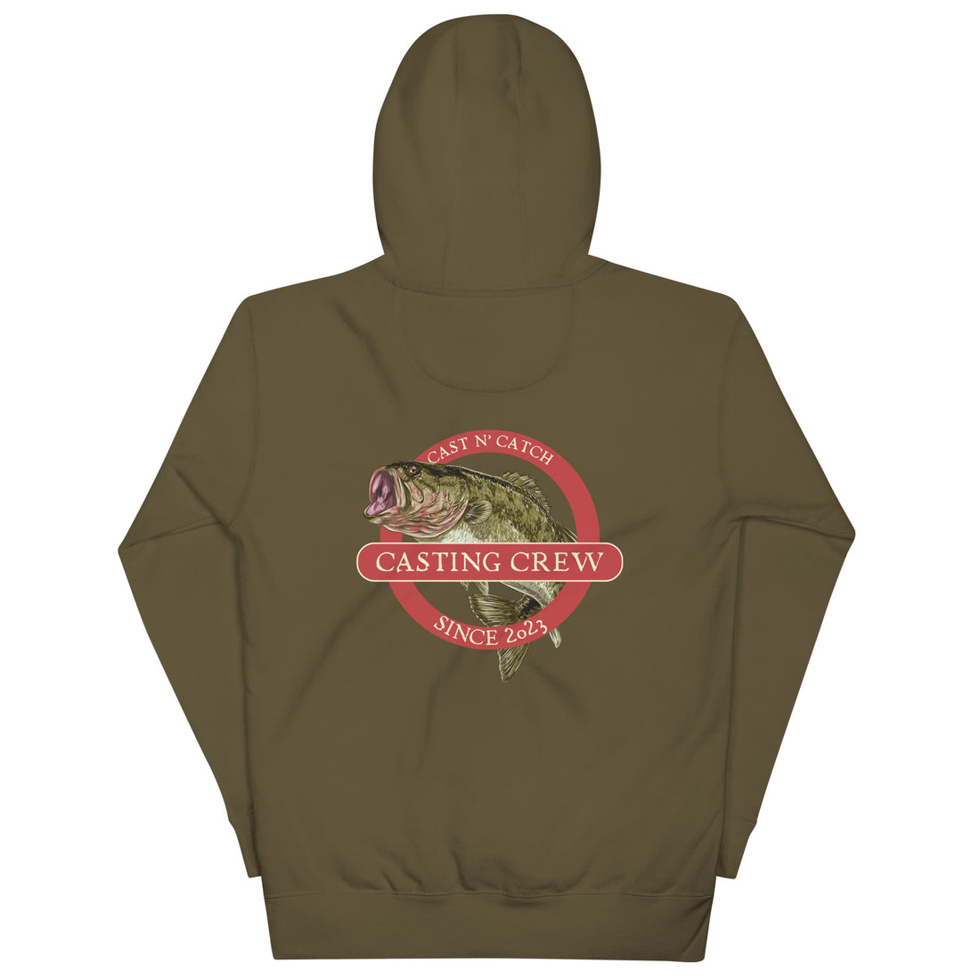 Casting Crew Military Green Cast n' Catch Bass Fishing Hoodie, Back view