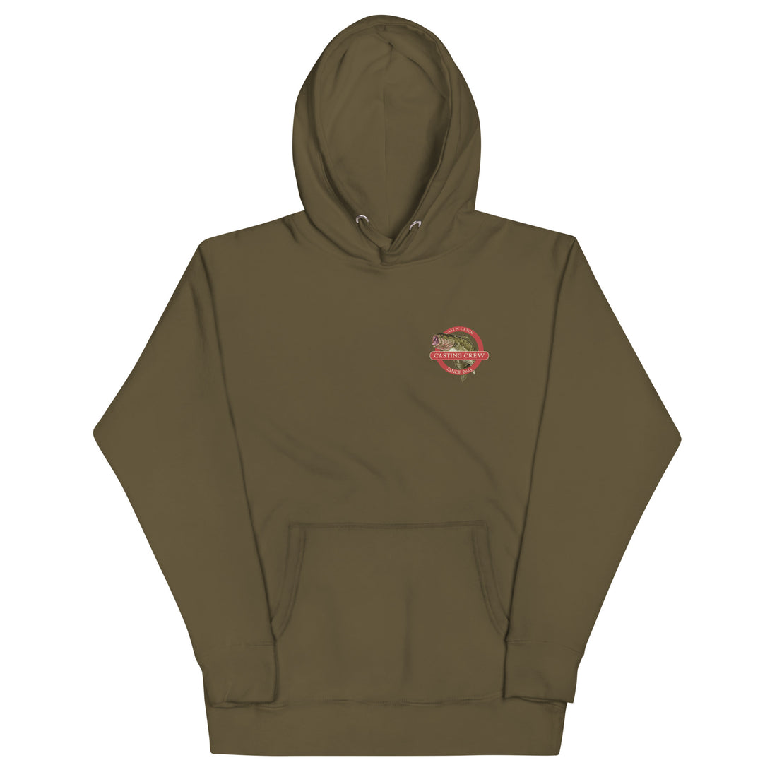 Casting Crew Military Green Cast n' Catch Bass Fishing Hoodie, Back view