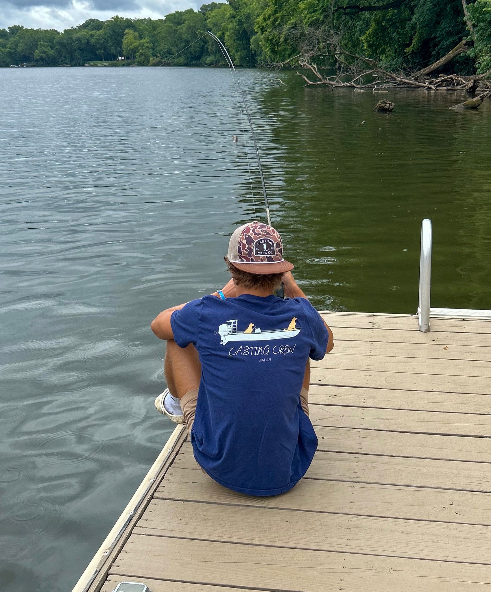 Casting Crew Navy Paws On Deck Fishing Shirt, dock back view