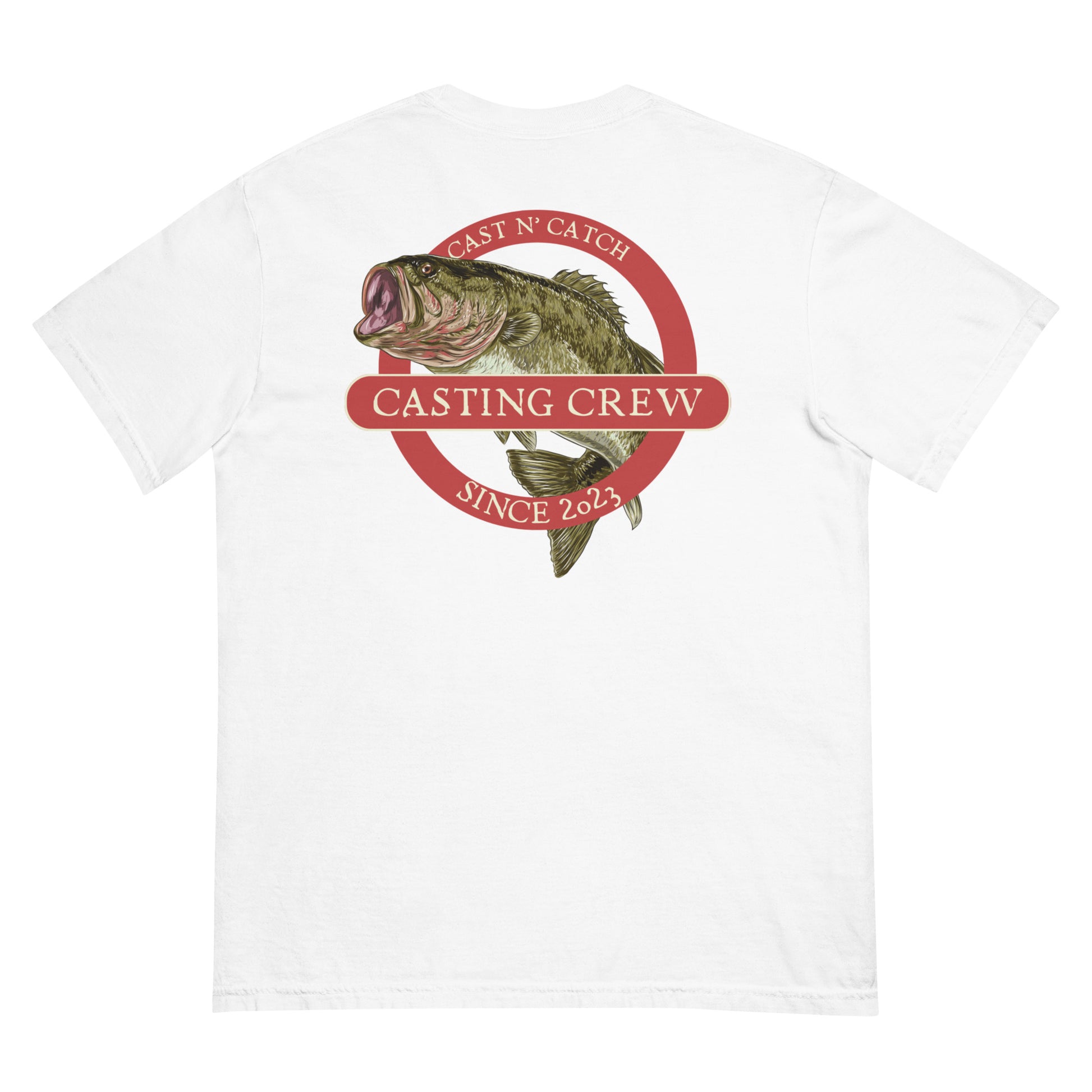 Casting Crew White Cast N' Catch Bass Fishing Shirt, Back view