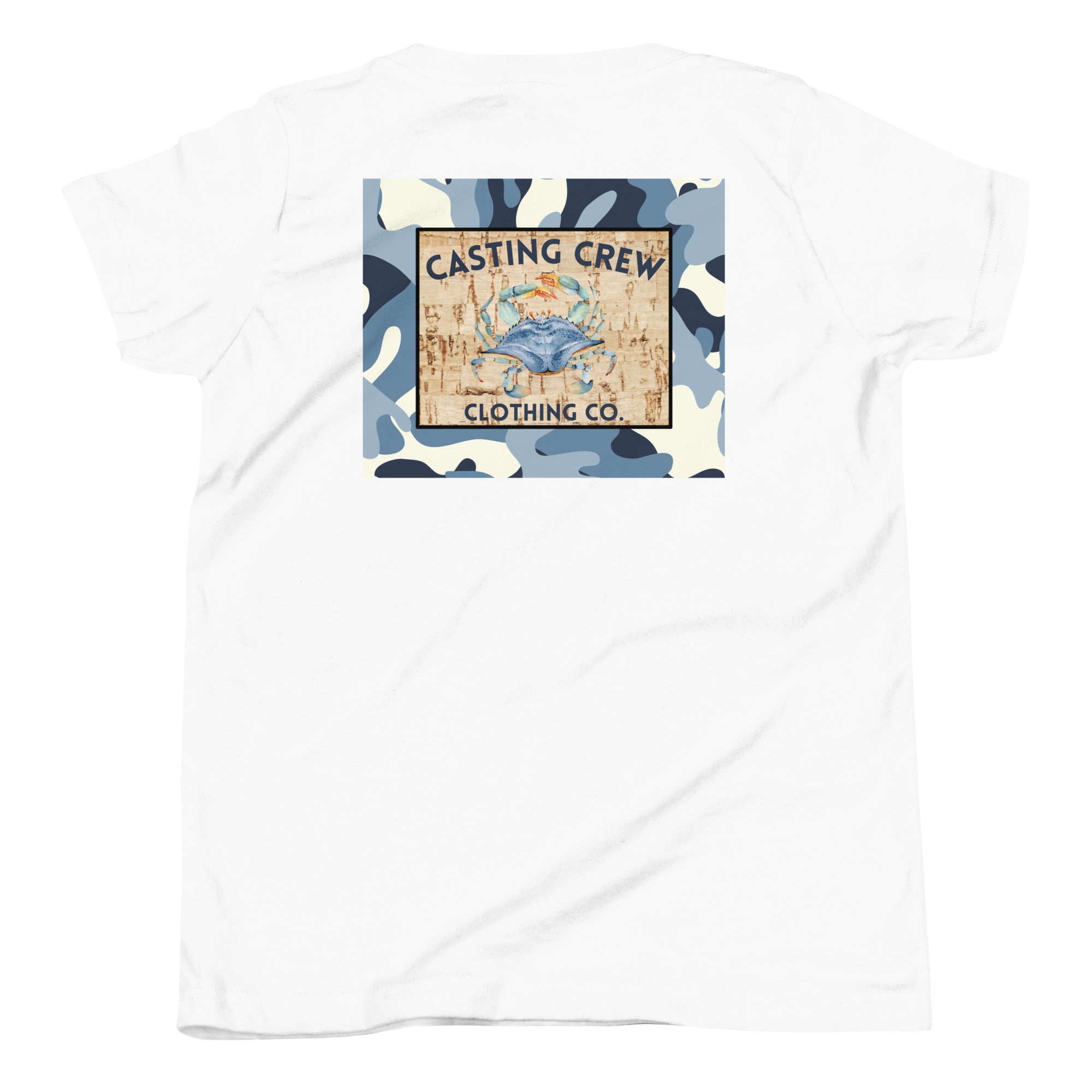 Casting Crew White Youth Camo-Crab Fishing Shirt, Back View