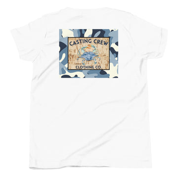 Casting Crew White Youth Camo-Crab Fishing Shirt, Back View