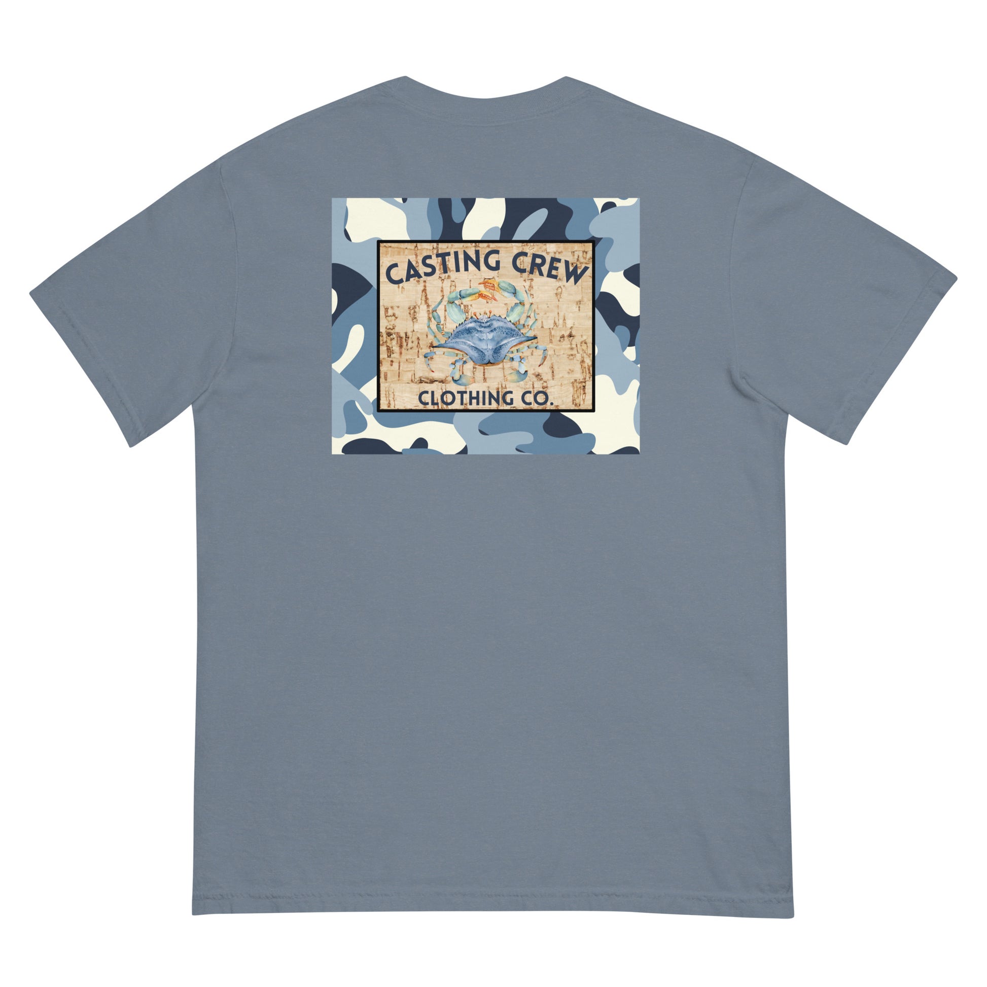 Dark Blue Casting Crew Camo Crab Fishing Shirt, Back View