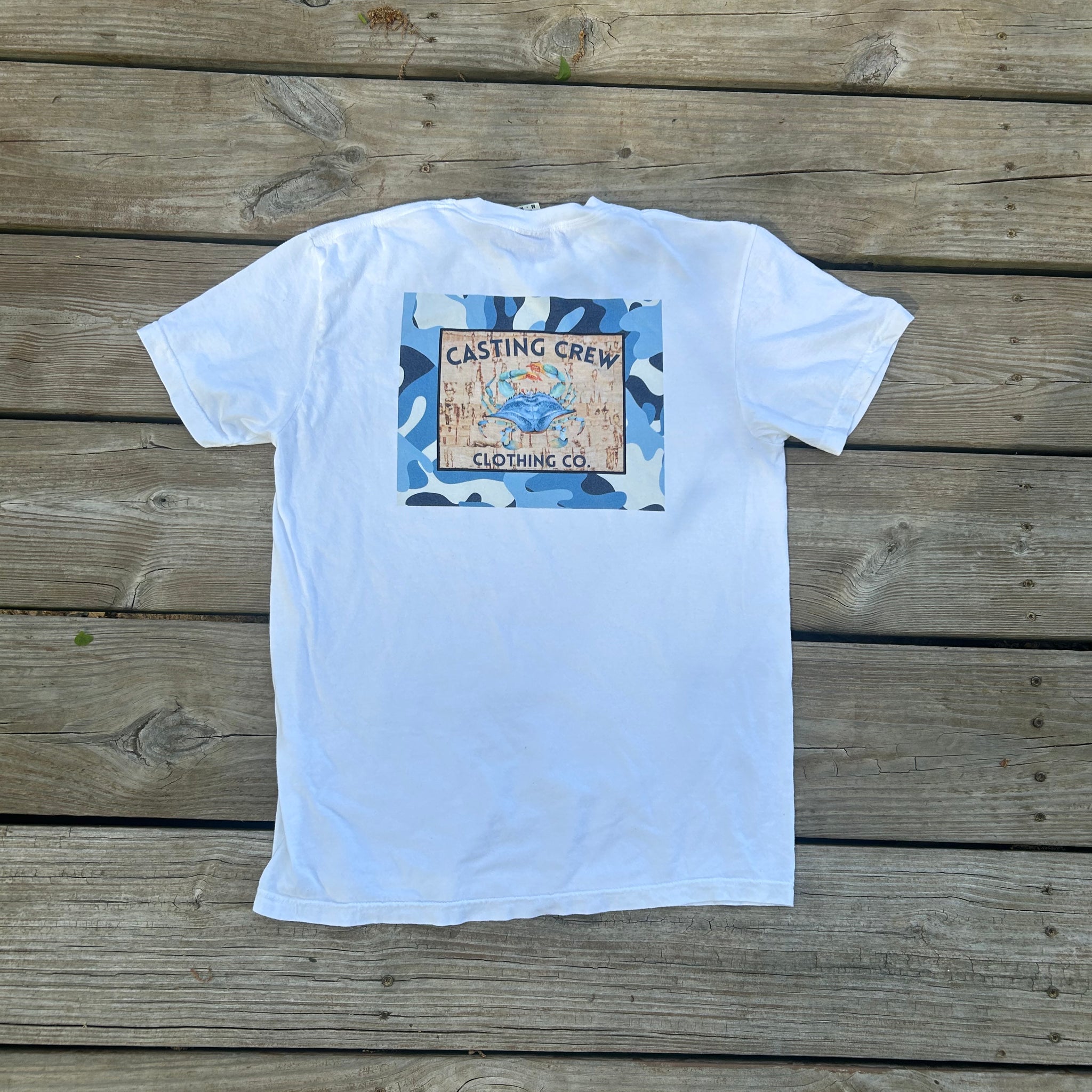 White Casting Crew Camo Crab Fishing Shirt, Dock Back View