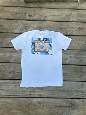White Casting Crew Camo Crab Fishing Shirt, Dock Back View