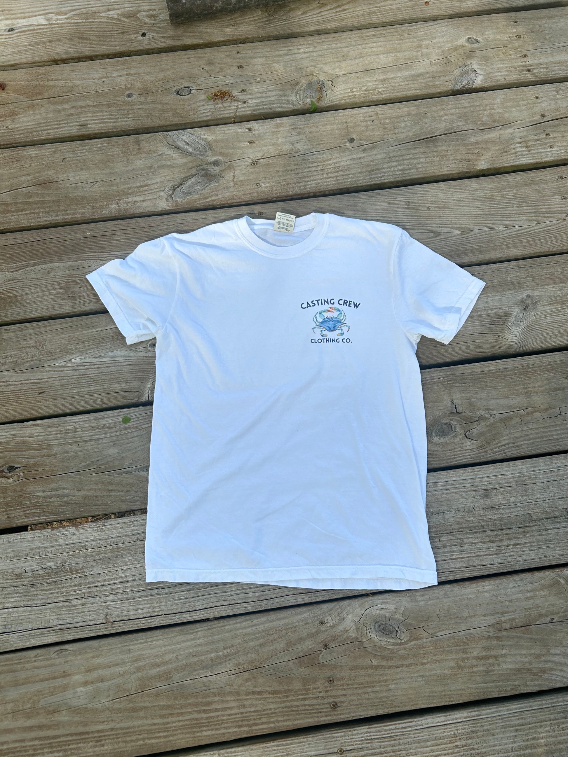 White Casting Crew Camo Crab Fishing Shirt, Dock Front View
