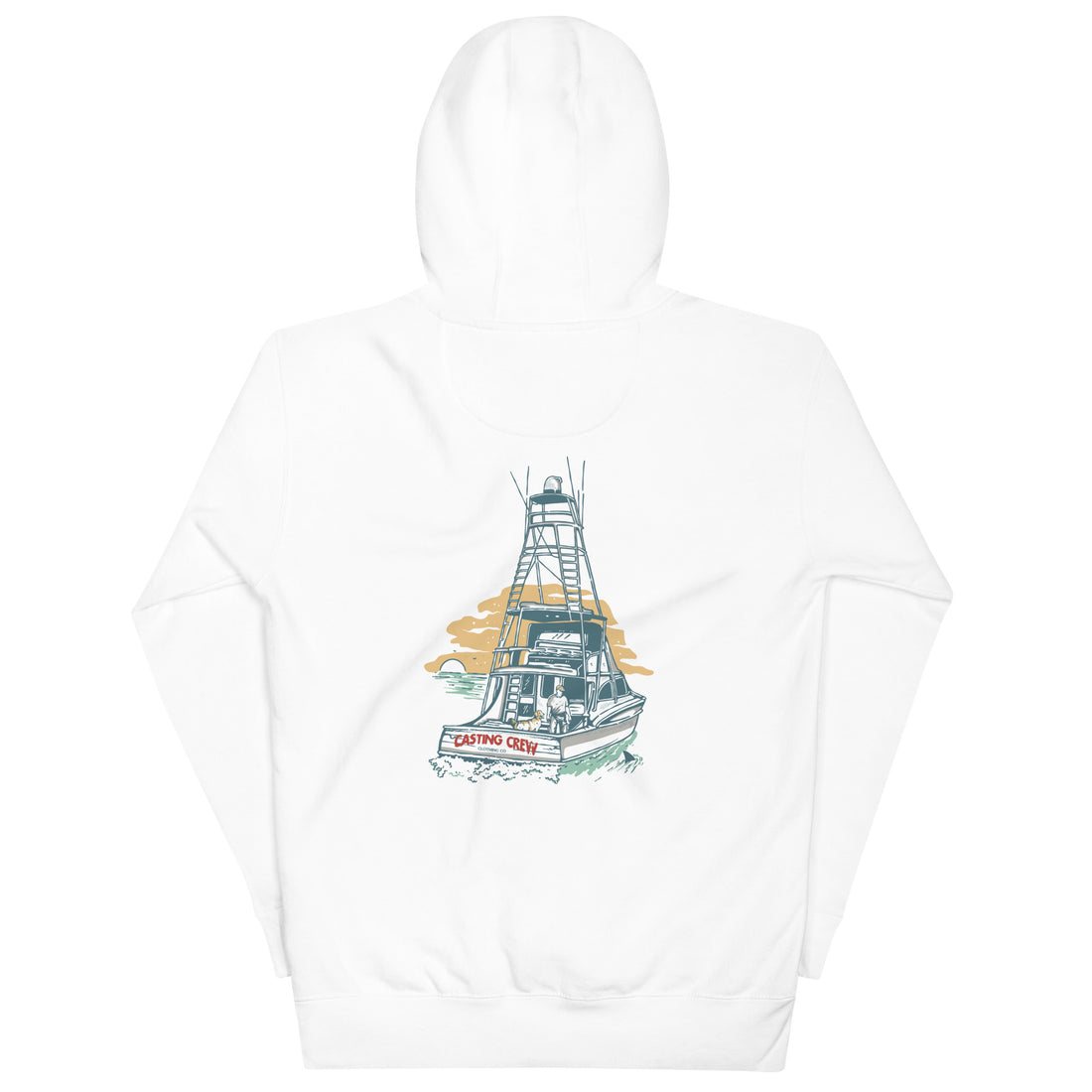 White boat day fishing hoodie, back view