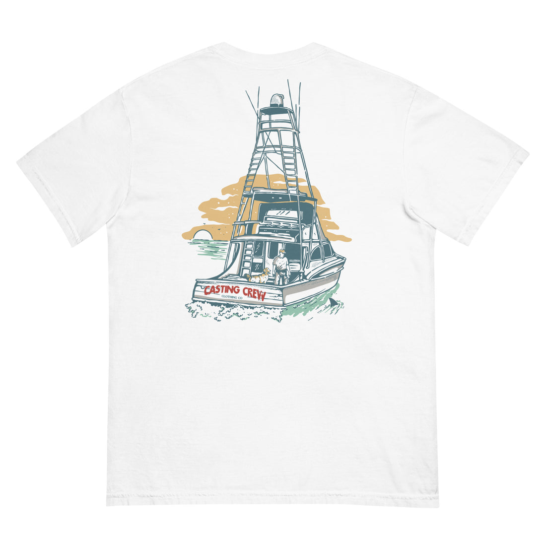 White boat day fishing shirt, back side